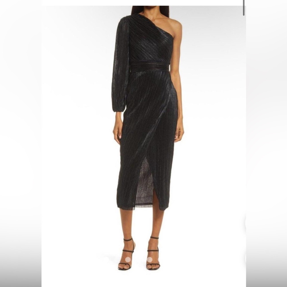 Saylor Black One-Shoulder Midi Dress Long Sleeve